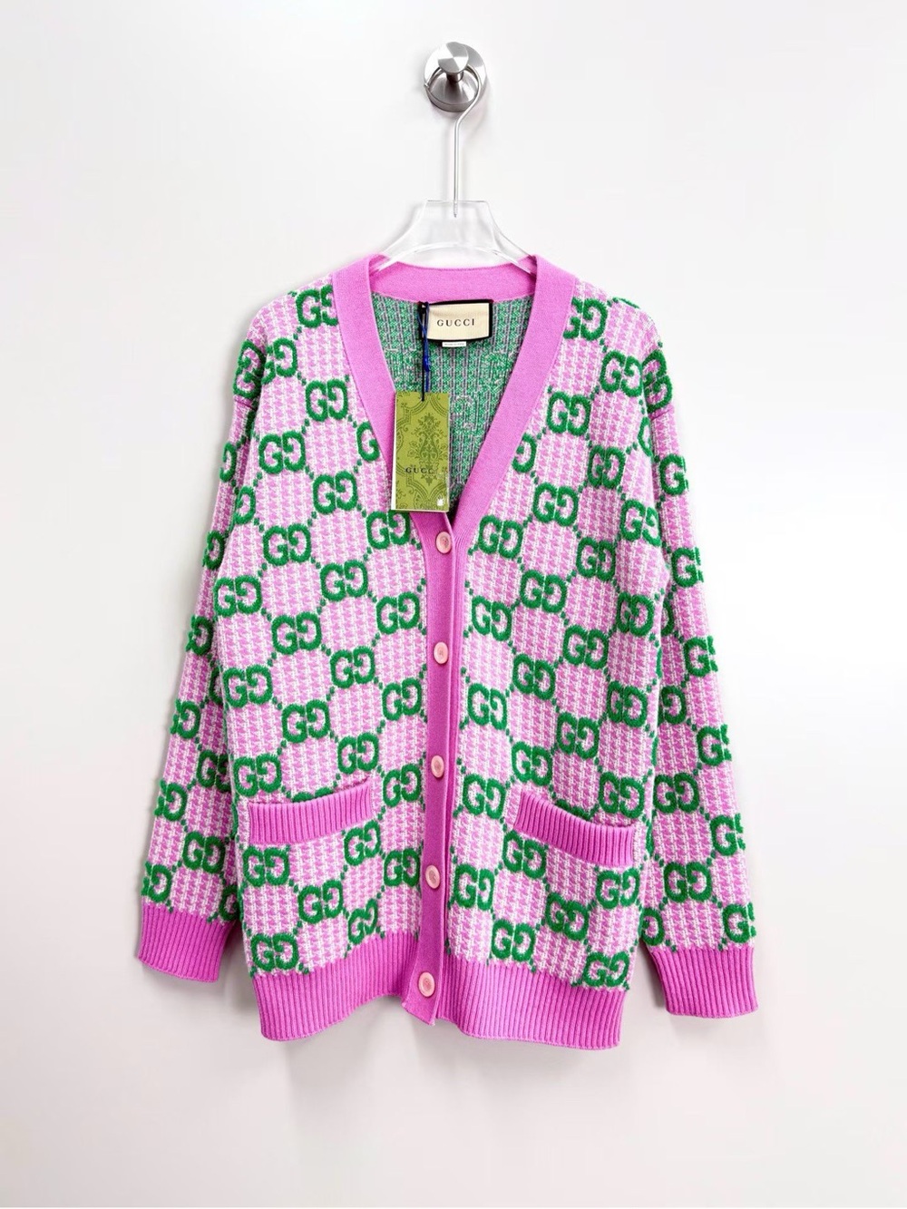 Gucci Pink and Green GG Logo Knit Cardigan